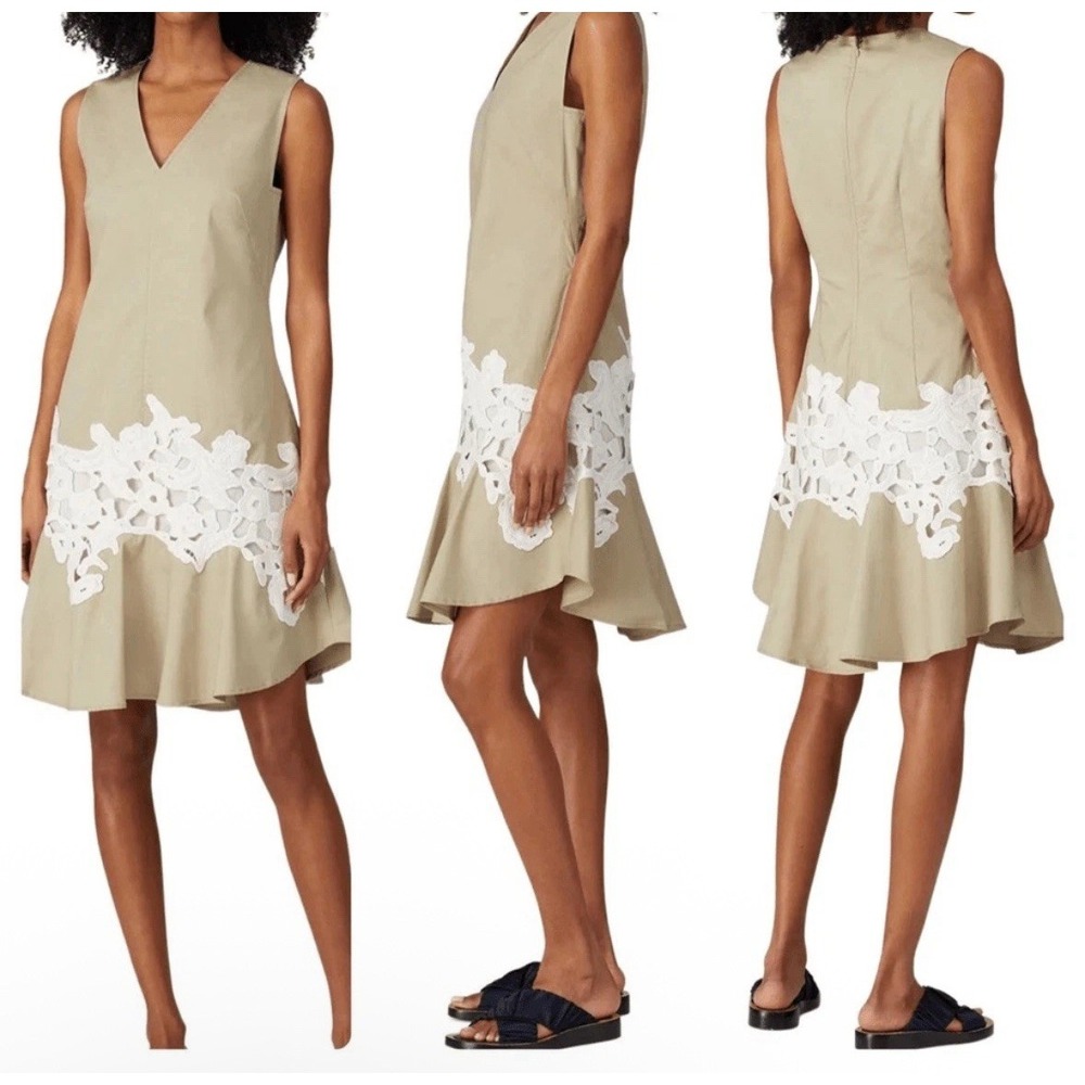 Derek Lam Khaki White Lace Eyelet Sleeveless V Neck Midi‎ Dress S Brunch Derby